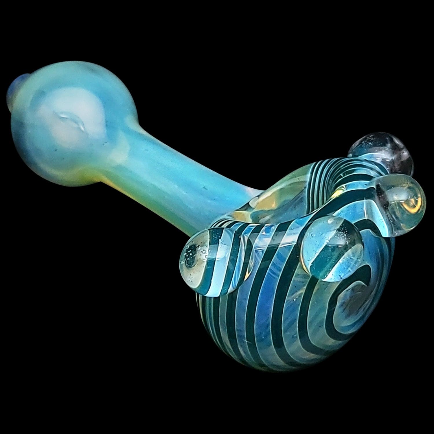 A close-up, angled view of the “Spiral Marble Head” Glass Spoon Pipe, showing its swirling blue and white marbled head.