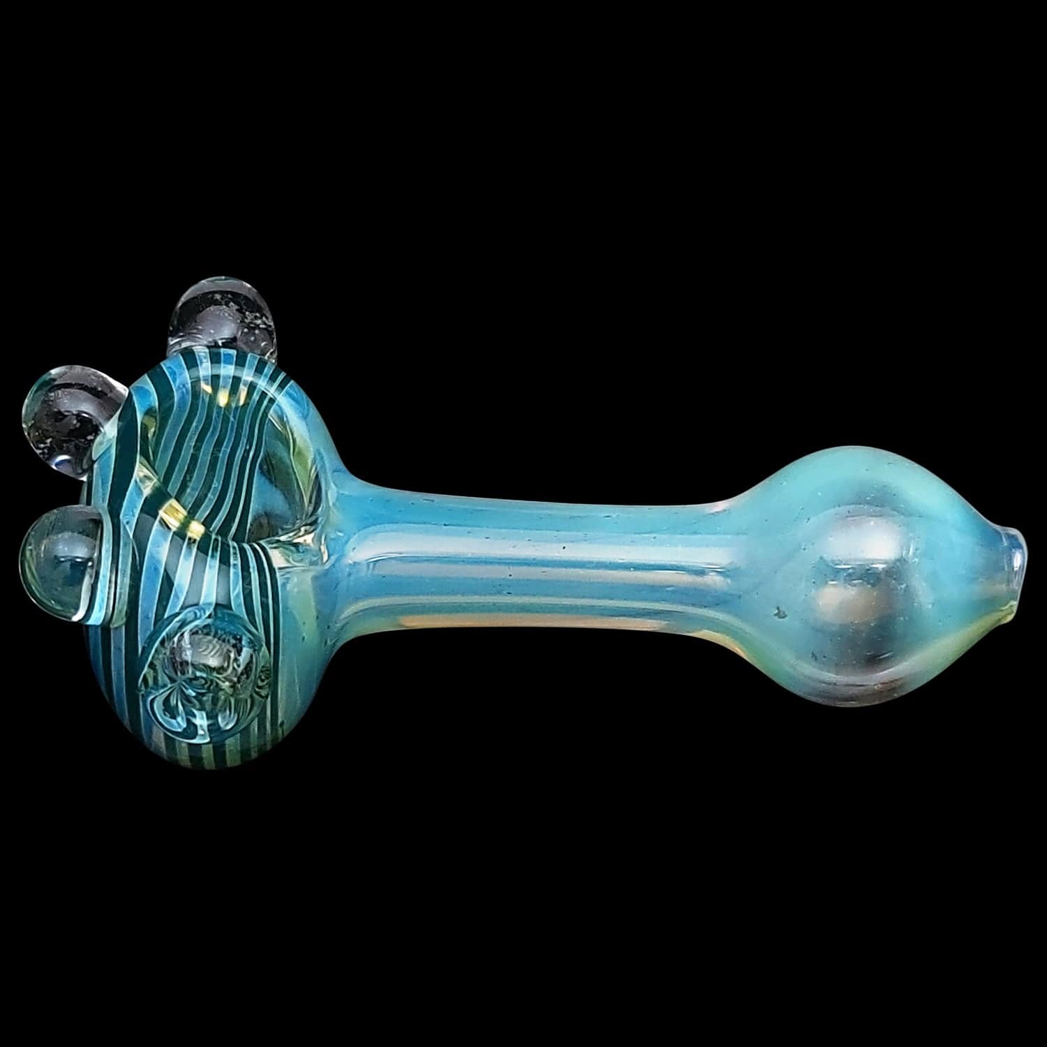 A side view of the “Spiral Marble Head” Glass Spoon Pipe, showing its curved shape and marbled head detail against a dark background.
