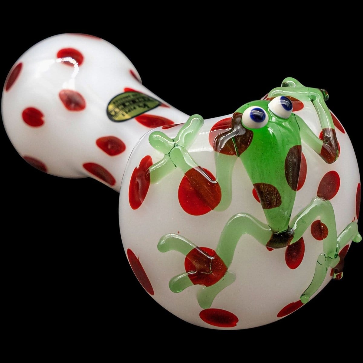 Front view of the "Spotted Poison Frog" Spoon Glass Pipe, showcasing a colorful, patterned design against a dark background.
