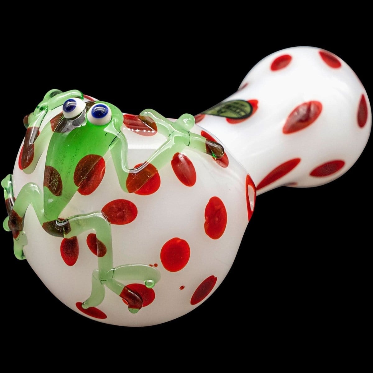 Front view of the “Spotted Poison Frog” Spoon Glass Pipe, showing a colorful, speckled design on a curved glass body.