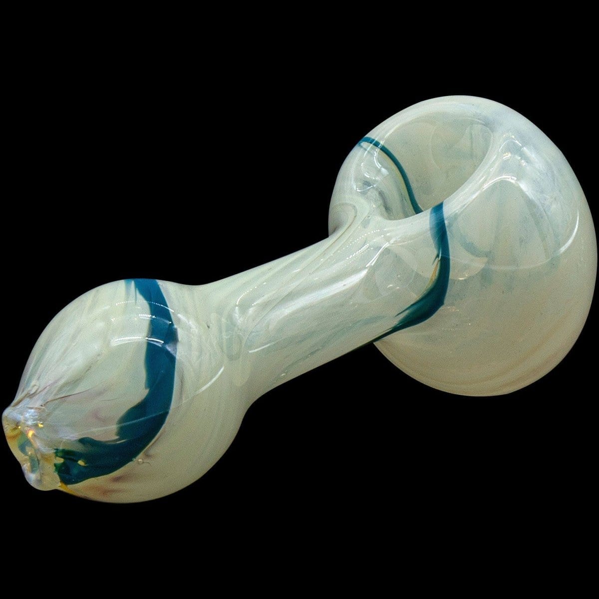 A slightly angled view of the white "Bones" Spoon Pipe, showcasing its smooth, curved form against a dark background.