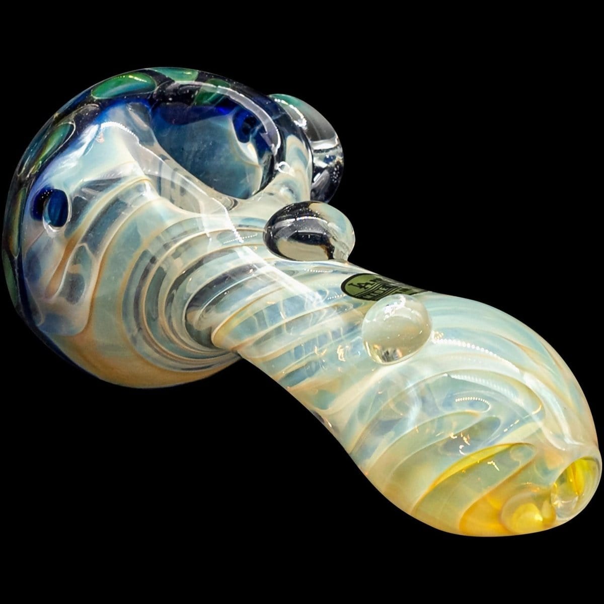 A three-quarter view of “The Hive” Honeycomb Color Changing Glass Pipe, displaying its colorful glass swirl design.