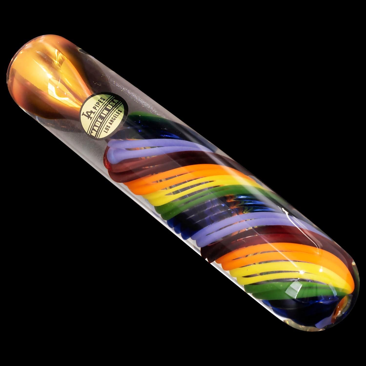 A close-up shows the “Twisted Rainbow” Fumed Glass Chillum with swirling, vibrant colors and a smooth glass finish.