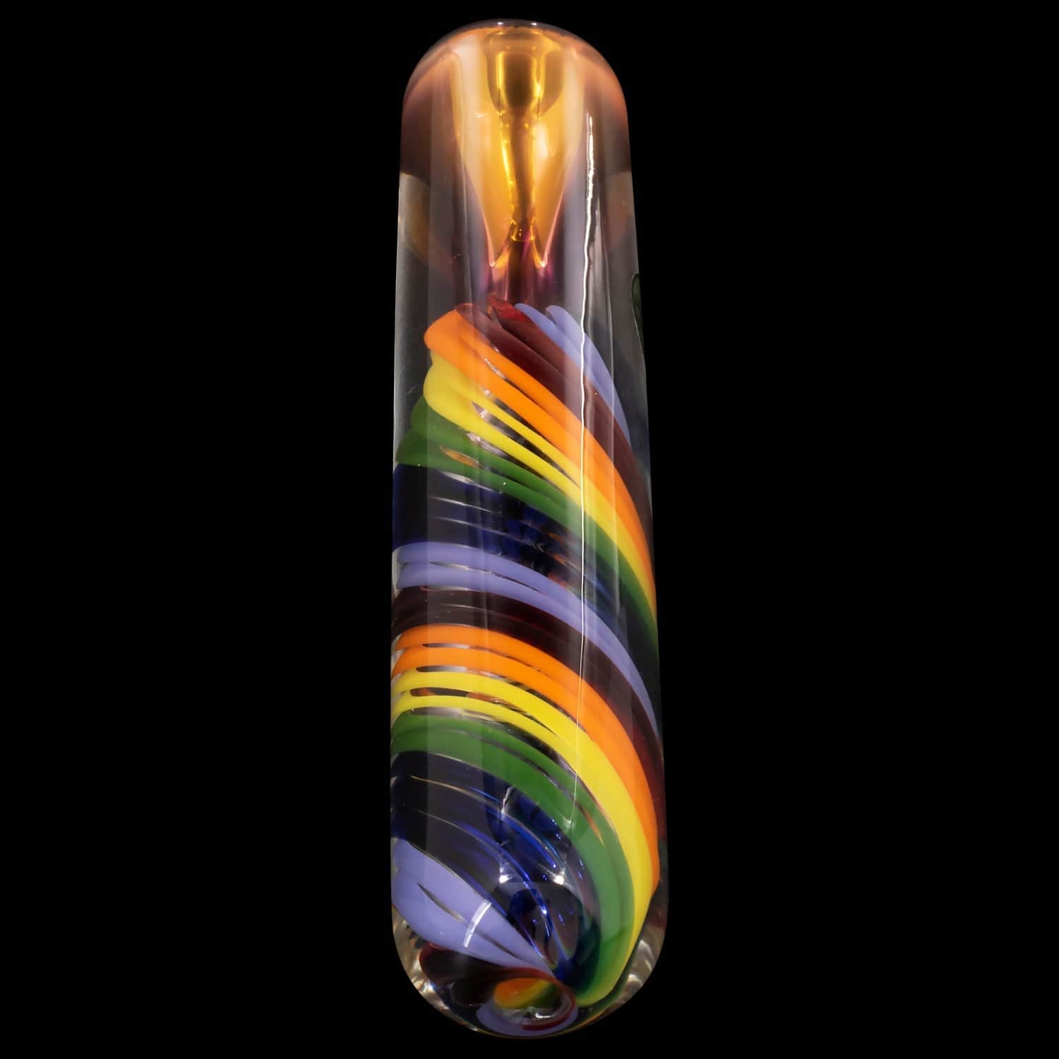 A close-up, angled view of the “Twisted Rainbow” Fumed Glass Chillum, showcasing its colorful, swirling glass design.