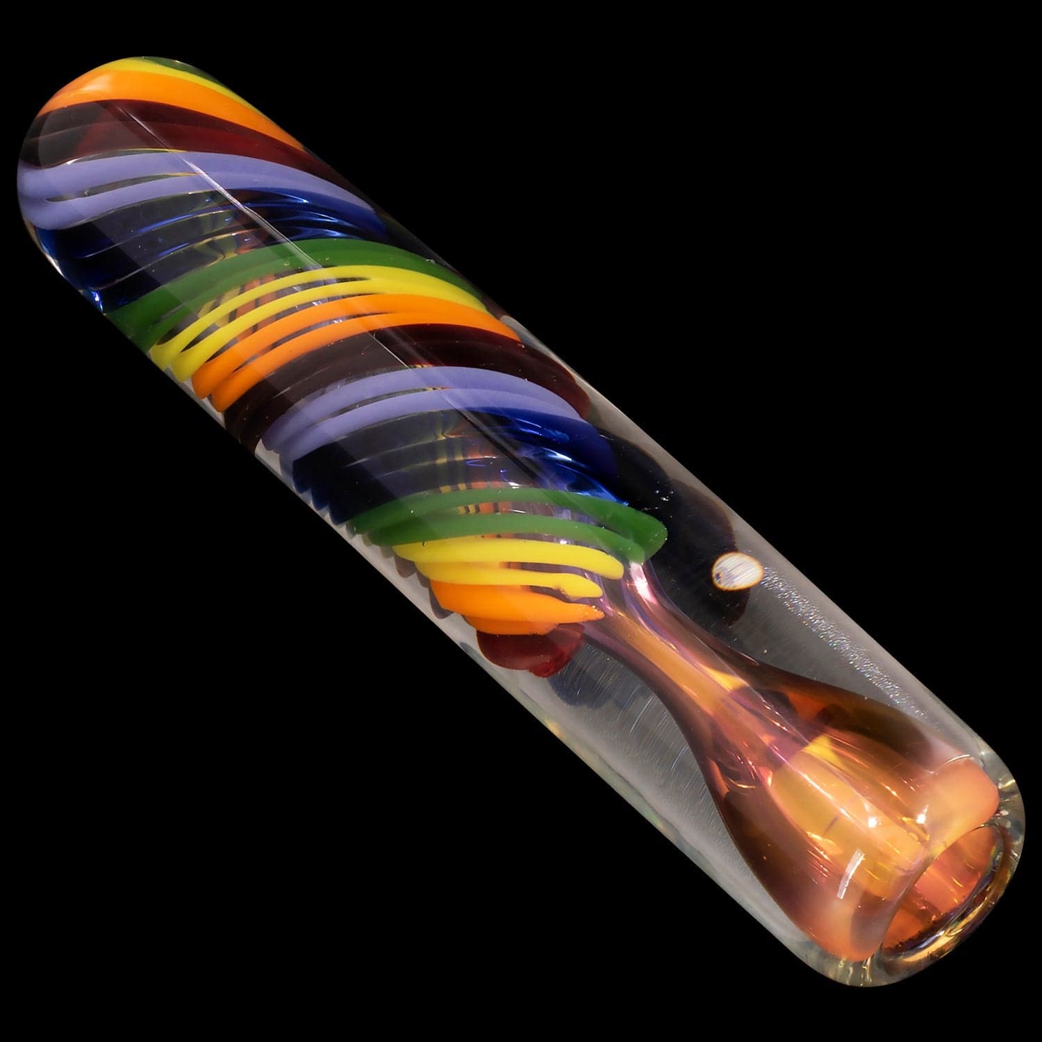 A close-up, angled view of the “Twisted Rainbow” Fumed Glass Chillum, showing vibrant color swirls in the glass.