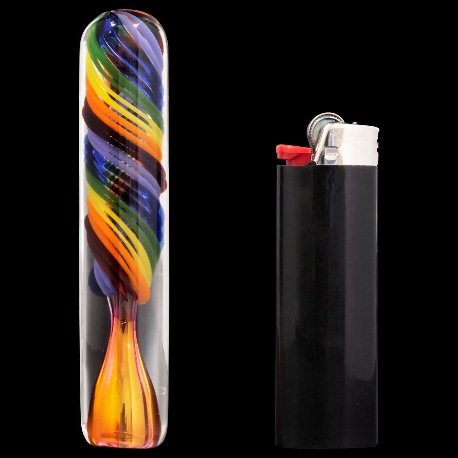 A side view of the “Twisted Rainbow” Fumed Glass Chillum next to a lighter, highlighting its colorful, swirled glass design.