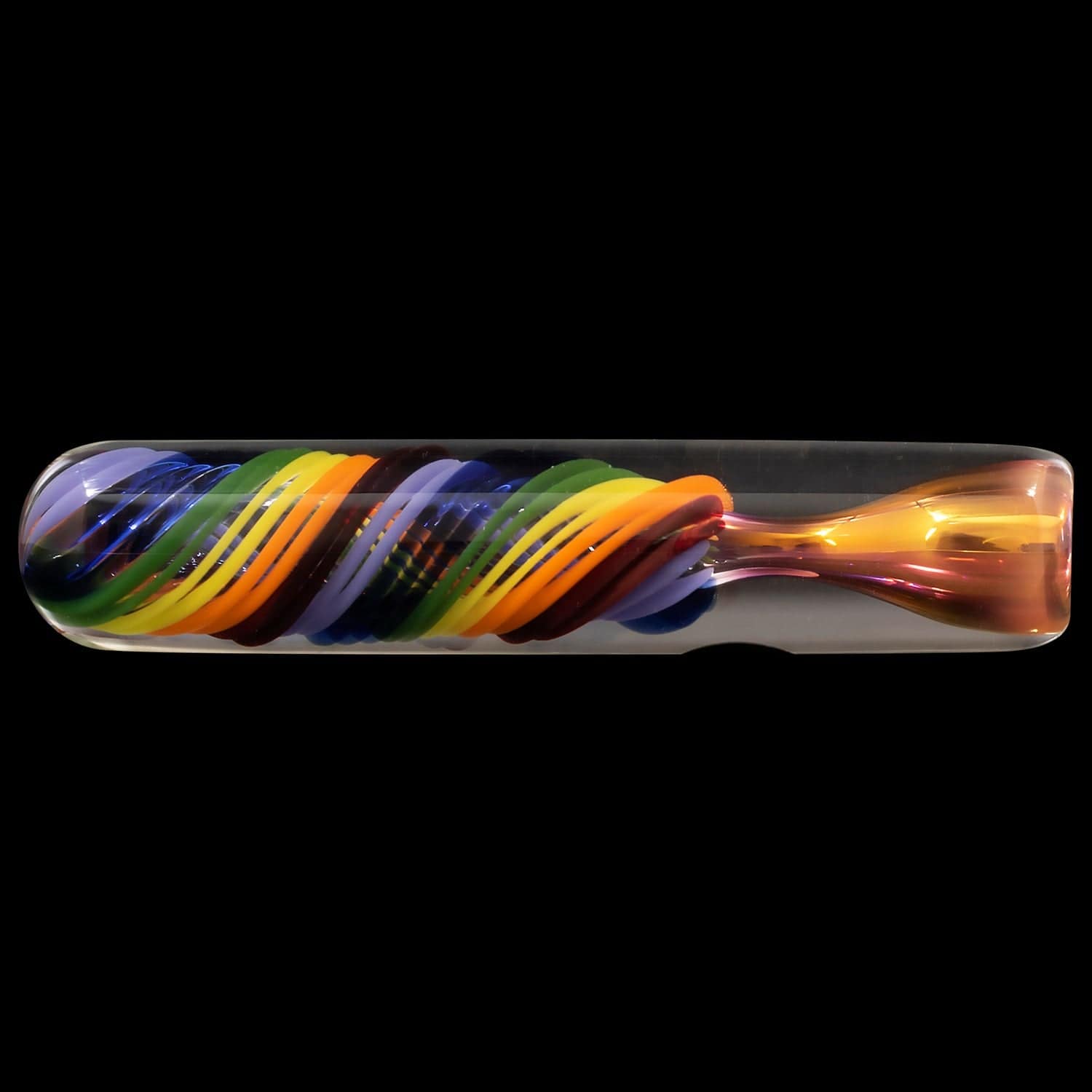 A close-up, angled view of the “Twisted Rainbow” Fumed Glass Chillum, showing its colorful, swirled glass design.