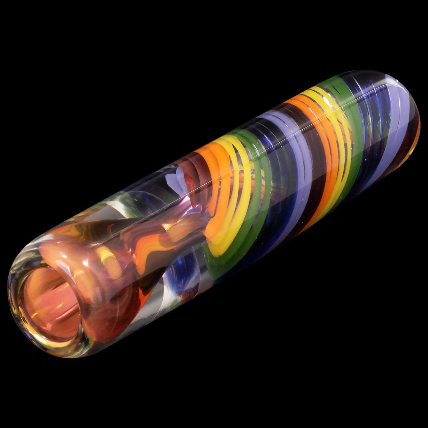 A close-up, angled view of the “Twisted Rainbow” Fumed Glass Chillum, displaying its colorful, glass construction against a black background.
