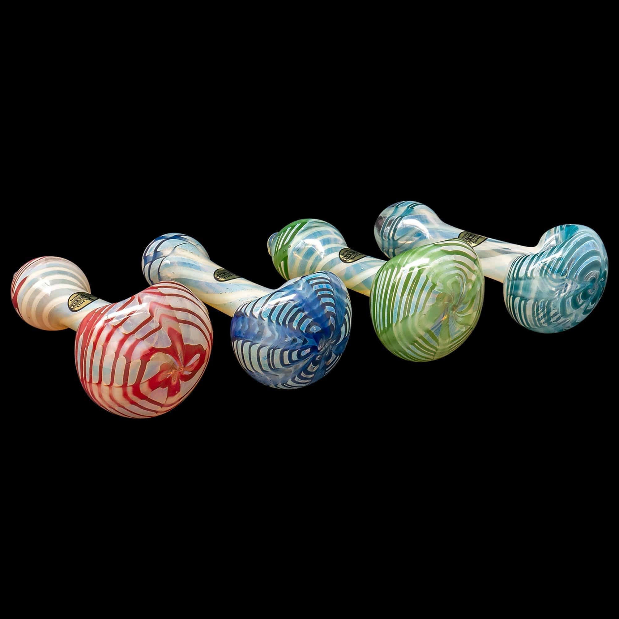 A front view of the colorful “Twisty Cane” Spoon Glass Pipe, showcasing its unique swirling pattern and curved design.