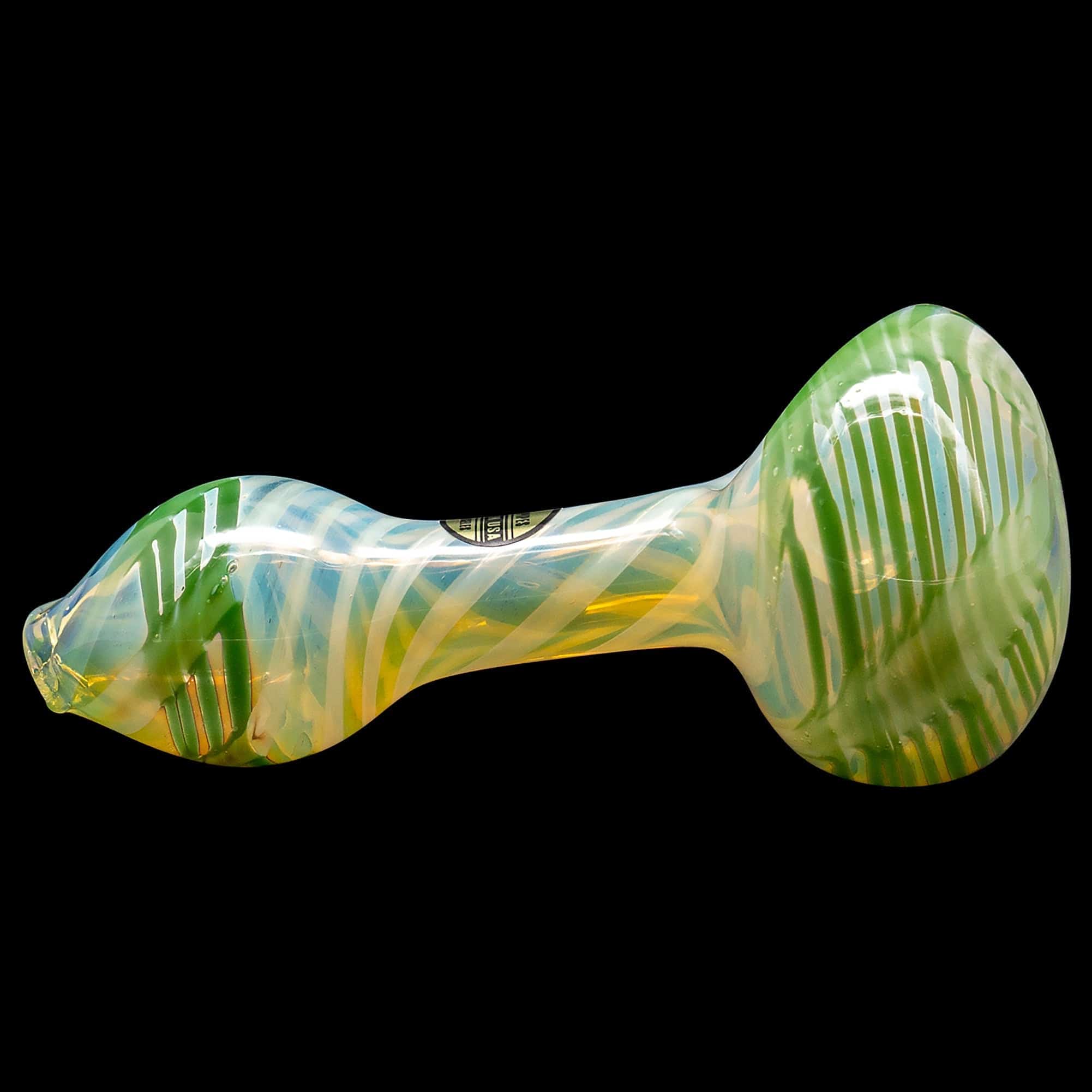 A side view of the “Twisty Cane” Spoon Glass Pipe displaying a swirling, colorful glass design.