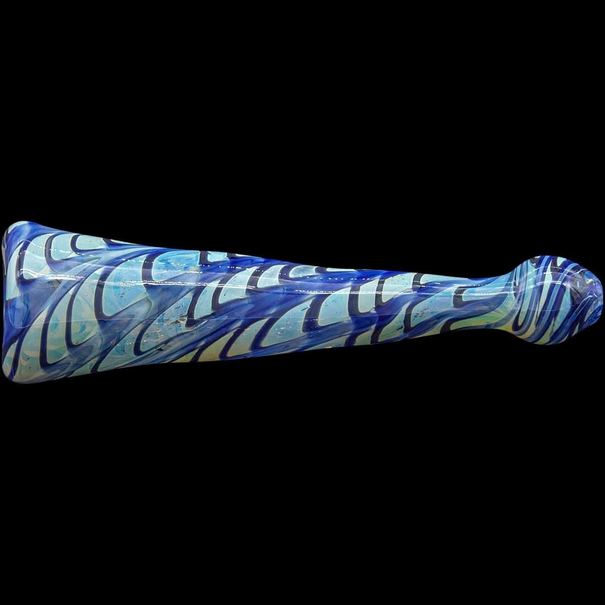 A close-up, angled view of the colorful "Typhoon" Colored Chillum, showing its smooth glass construction.