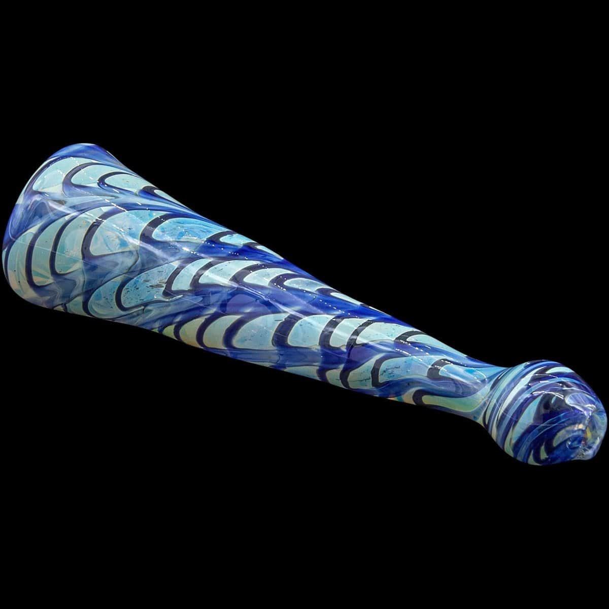 A close-up, angled view of the colorful “Typhoon” Chillum, showing its streamlined glass design against a dark backdrop.