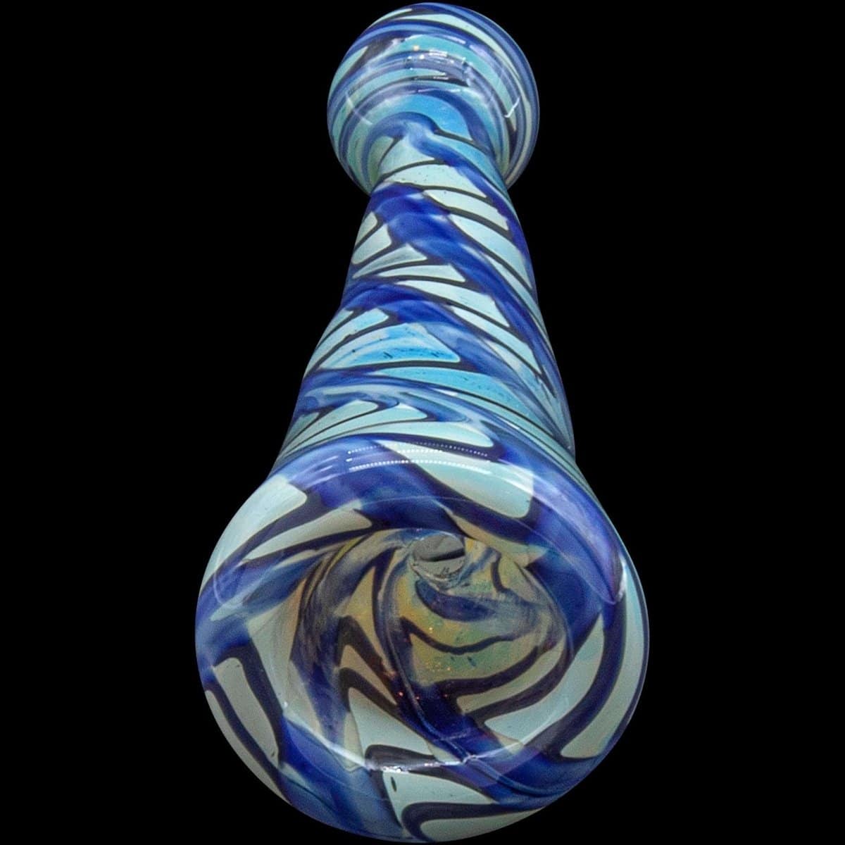 Front view of the “Typhoon” Colored Chillum, displaying a vibrant swirl of blue glass.