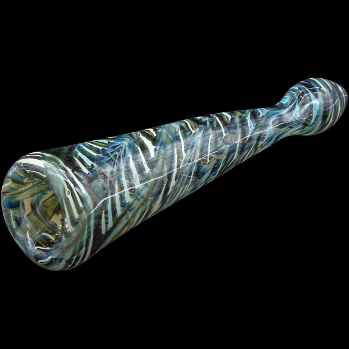 A close-up view of the "Typhoon" Colored Chillum, showcasing its transparent glass with swirling blue and white coloring.