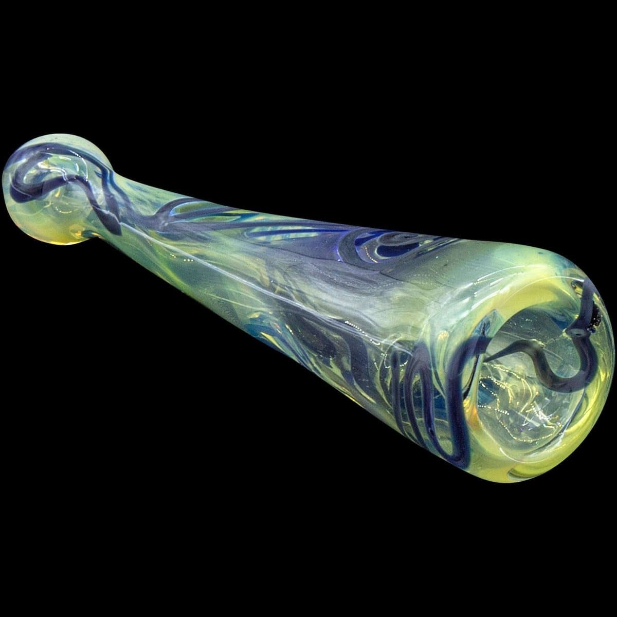 A detailed close-up of the “Warrior Piper” Inside-Out Funnel Chillum Herb Pipe, displaying a swirled, colorful glass design.
