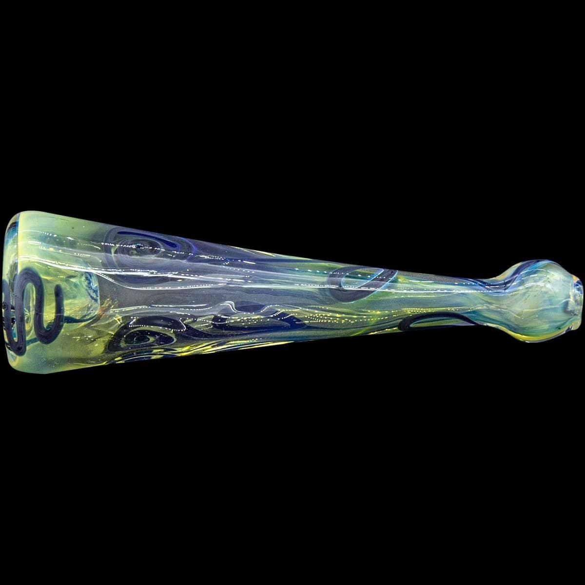 A side view of the “Warrior Piper” Inside-Out Funnel Chillum Herb Pipe, featuring a colorful, swirling glass design.