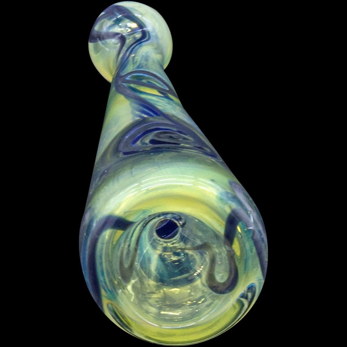 A detailed close-up of the “Warrior Piper” Inside-Out Funnel Chillum Herb Pipe, showing the swirled glass design in a side view.