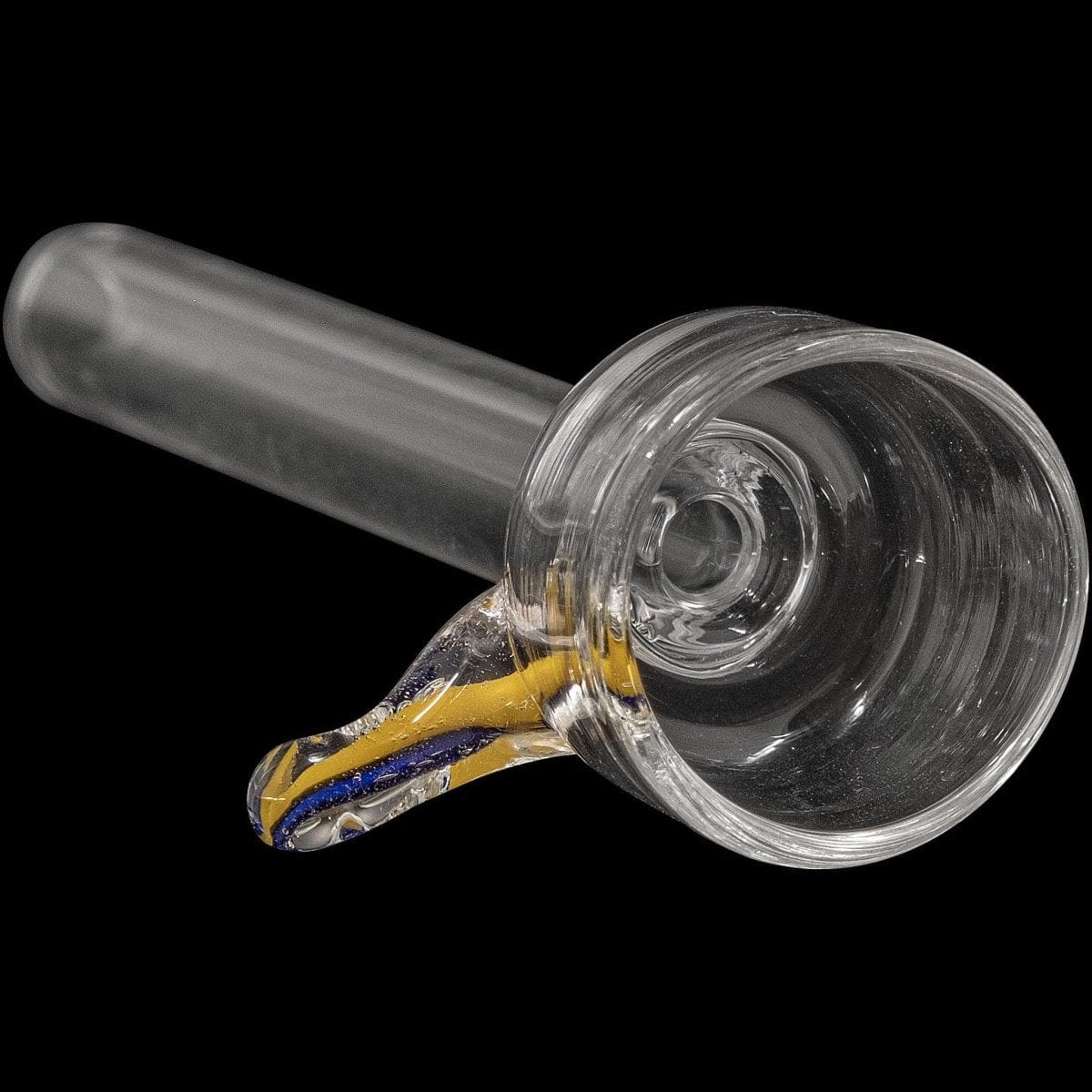 A close-up angled view of the 9mm Clear Slide Bowl w/ Color Handle for Pull-Stem Bongs, showcasing its clear glass and colorful handle.