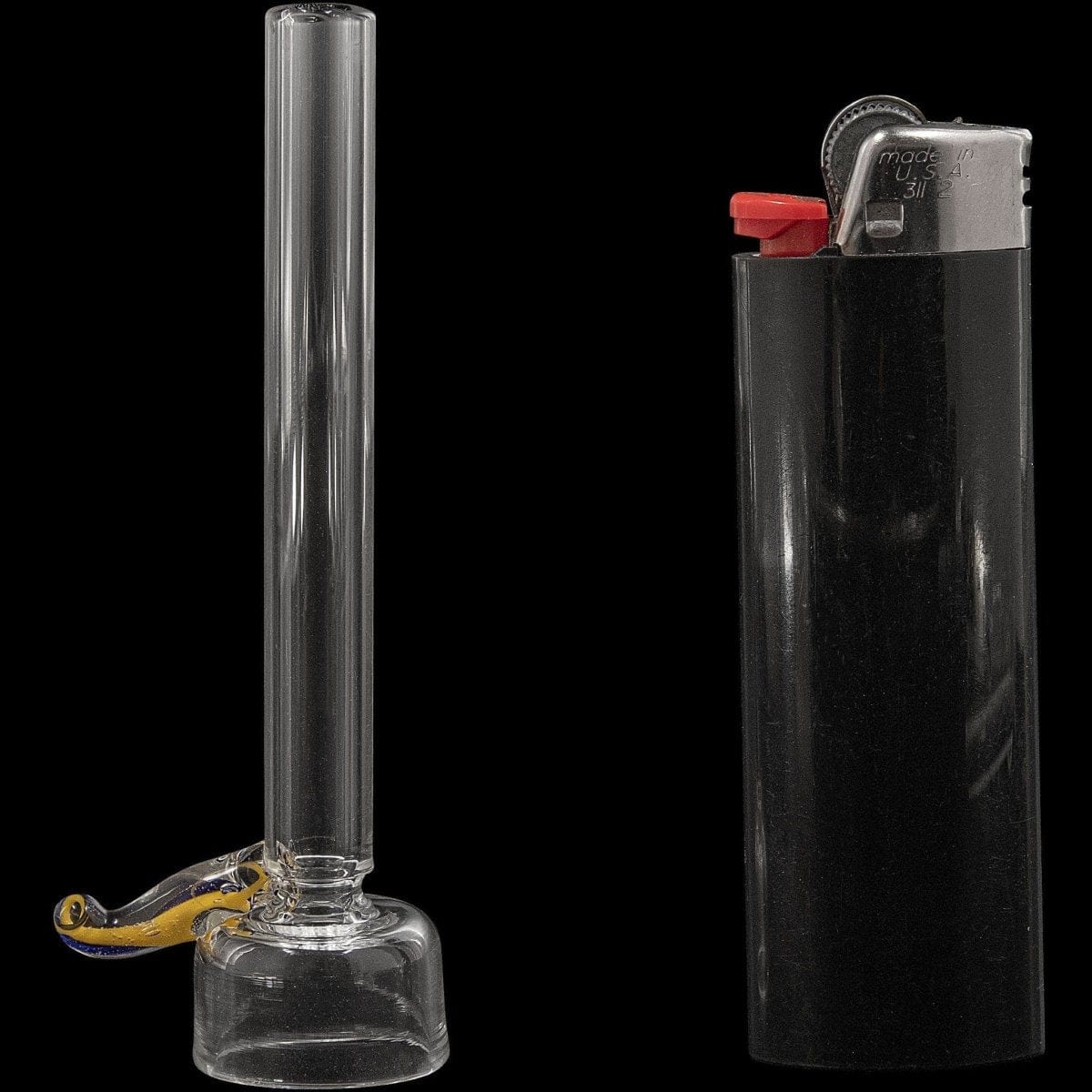 A front view of the 9mm Clear Slide Bowl w/ Color Handle for Pull-Stem Bongs, showing the clear glass bowl and colorful handle detail.
