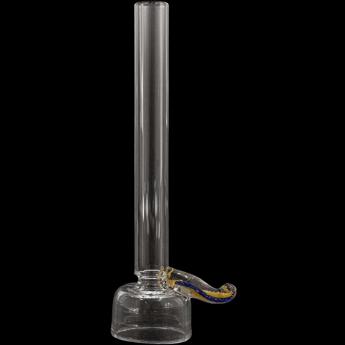 A front view of the 9mm Clear Slide Bowl w/ Color Handle for Pull-Stem Bongs, featuring a clear glass bowl with a colorful handle detail.