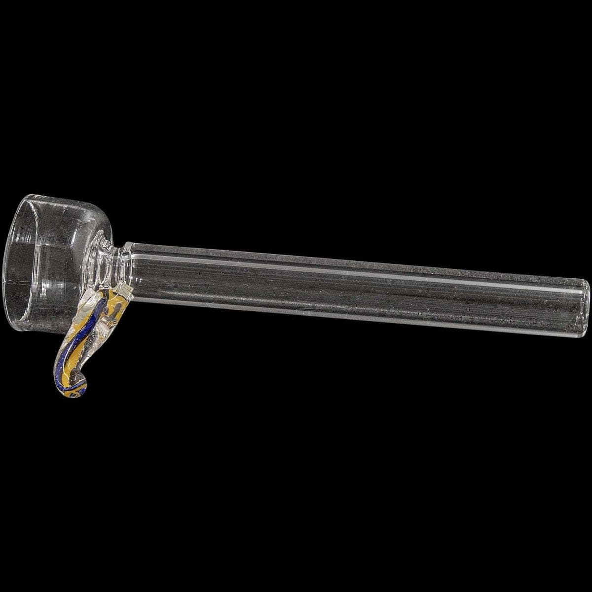 A side view of the 9mm Clear Slide Bowl w/ Color Handle for Pull-Stem Bongs, showcasing its clear glass construction and colorful handle detail.