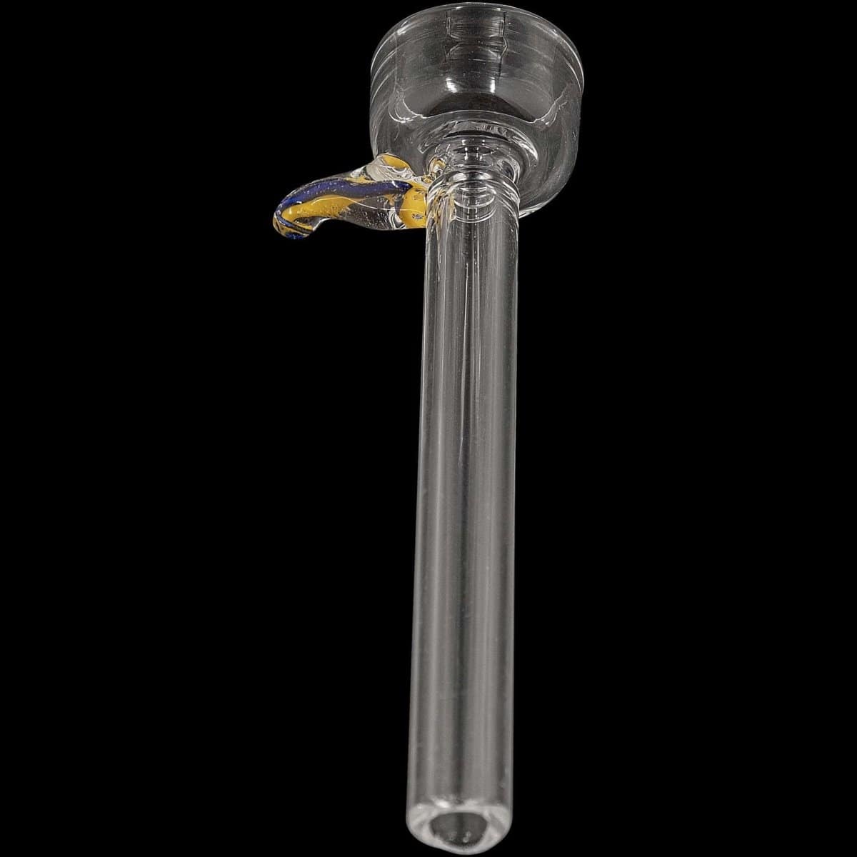 A side view of the 9mm Clear Slide Bowl w/ Color Handle for Pull-Stem Bongs, showing the clear glass with a colorful handle detail.