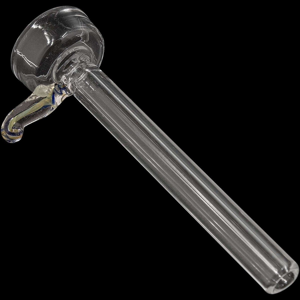 A close-up, angled view of the 9mm Clear Slide Bowl w/ Color Handle for Pull-Stem Bongs, featuring a clear glass bowl with a colorful handle.