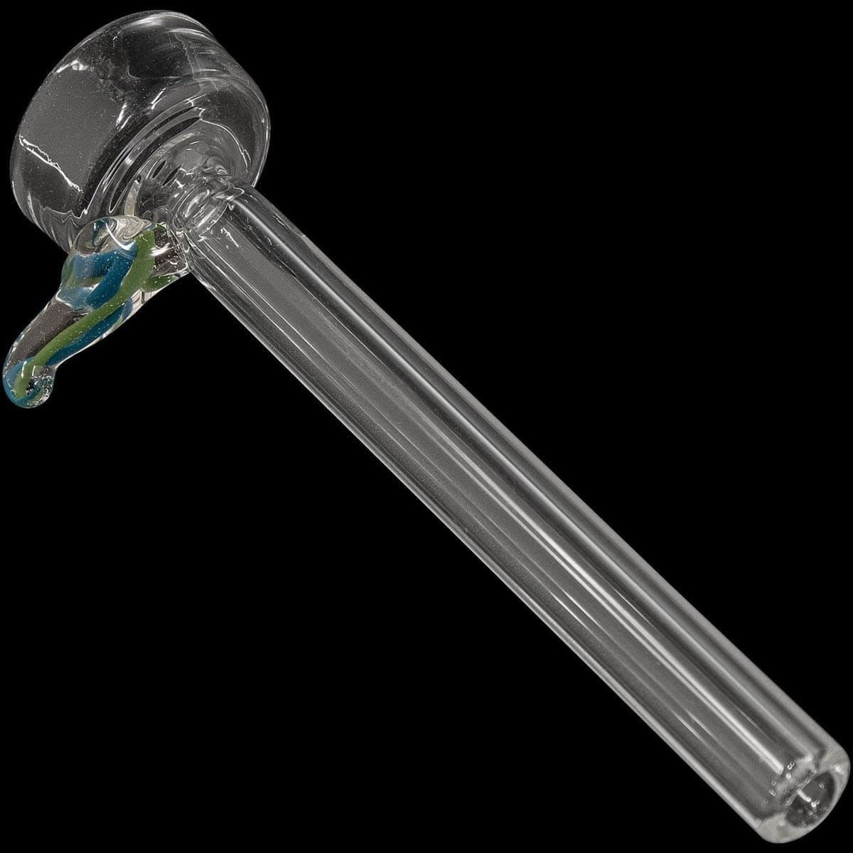 A clear, angled view of the 9mm Clear Slide Bowl w/ Color Handle for Pull-Stem Bongs, showing the colored handle detail.