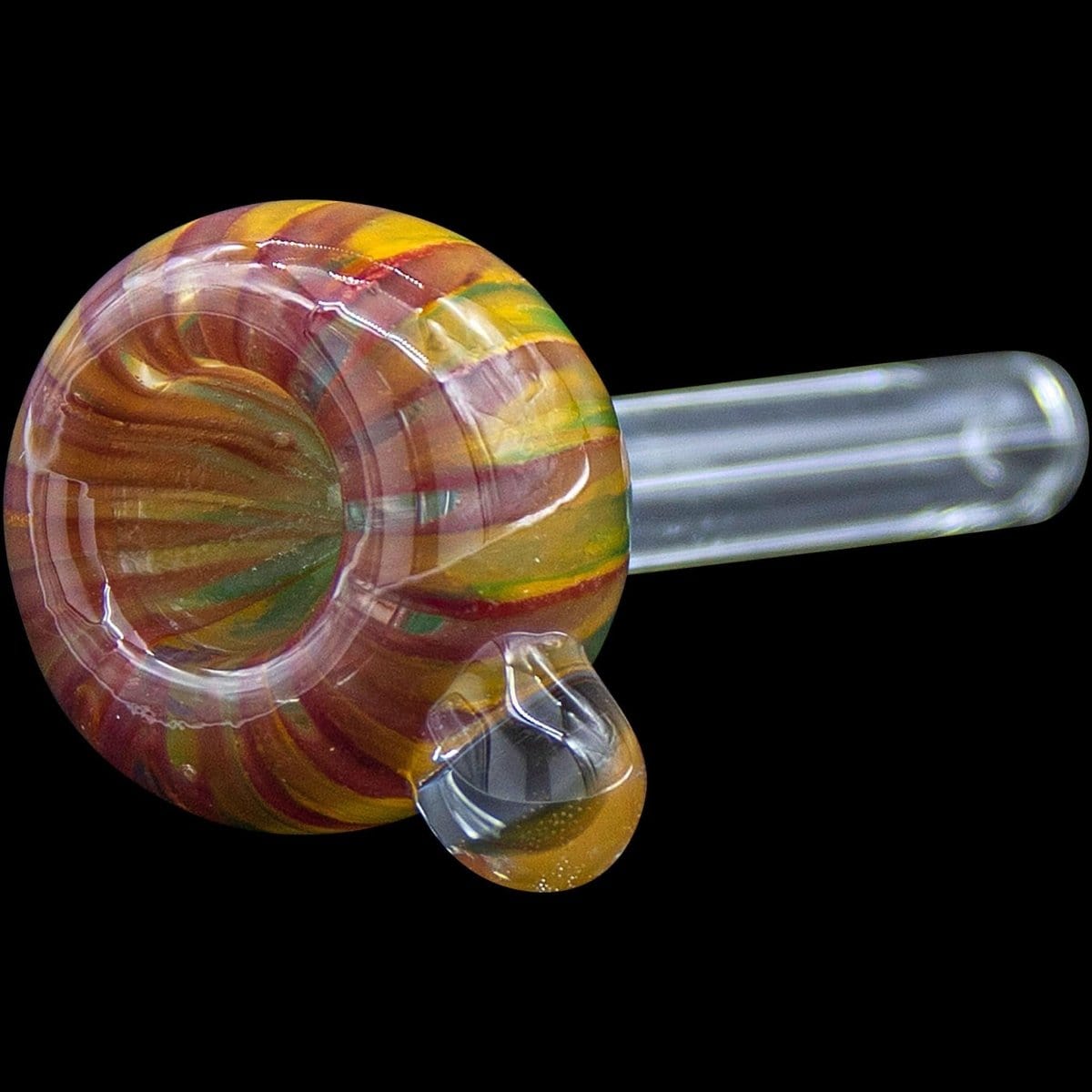 A close-up shot of the 9mm Rasta Slide Bowl, showing the colorful glass bowl from a slightly angled front view.