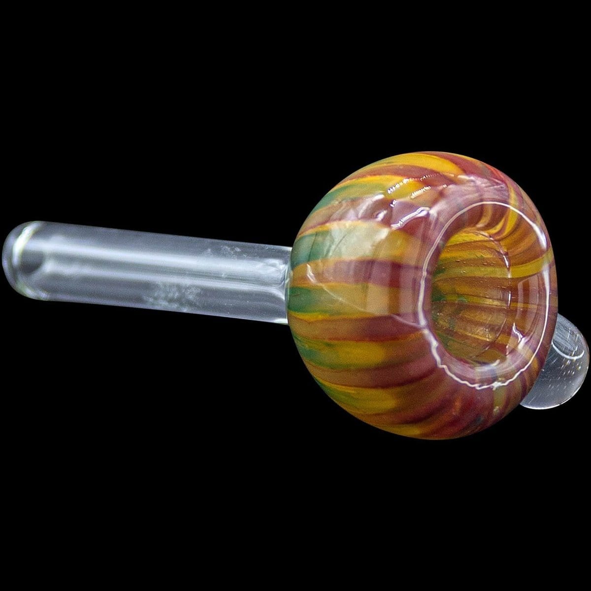 A close-up view of the 9mm Rasta Slide Bowl, showcasing its vibrant, multicolored glass construction and simple bowl design.
