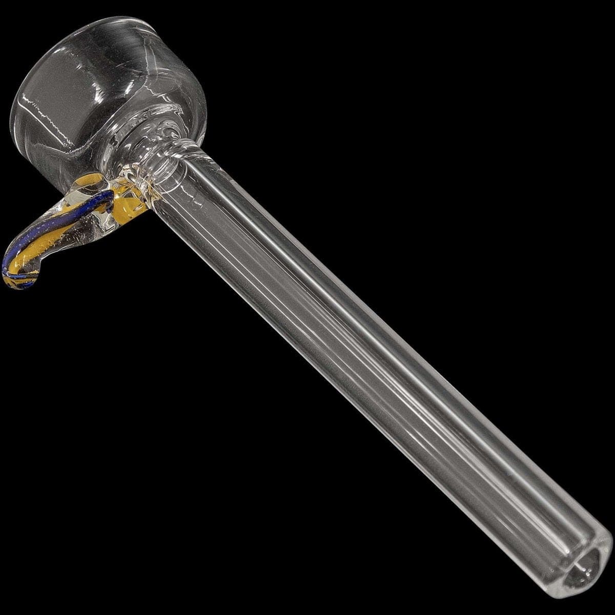 A clear view of the 9mm Clear Slide Bowl w/ Color Handle for Pull-Stem Bongs, showing its glass construction and colorful handle detail.