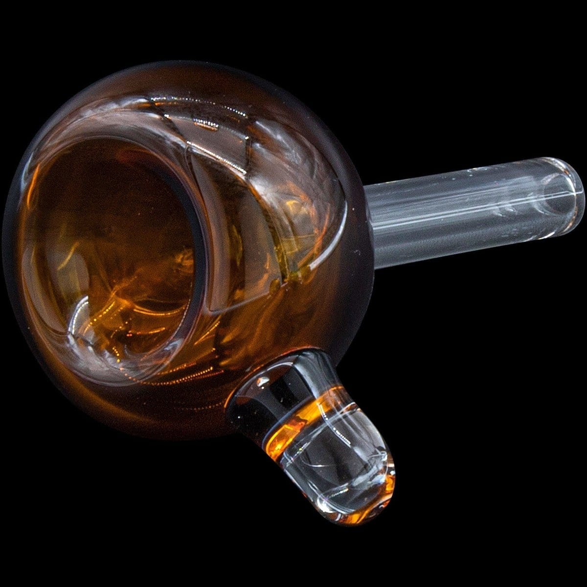 A close-up, angled view of the Bubble Bowl 9mm Pull-Stem Slide showing its clear glass construction and curved stem.