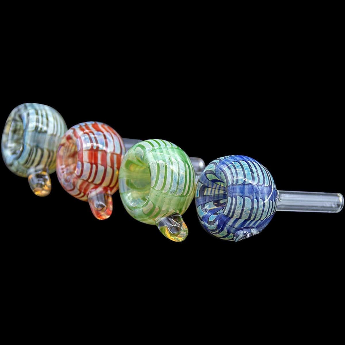 A close-up shot of the Color Raked Bubble Pull-Stem 9mm Slide Bowl, showcasing its colorful, raked glass design from a slightly angled view.