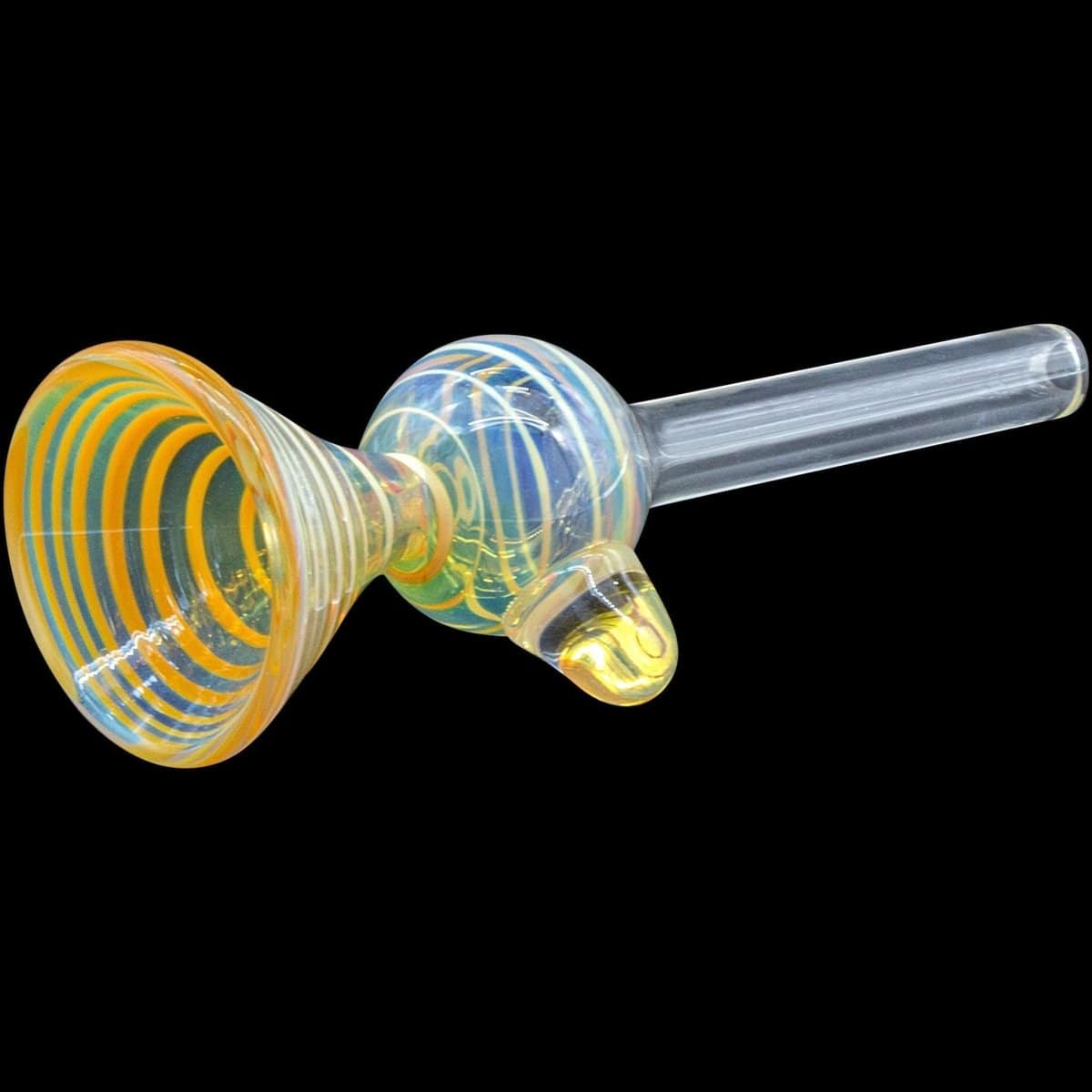 A close-up, angled view of the “Loud Speaker” Pull-Stem Slide Bowl featuring a colorful, swirled glass design.