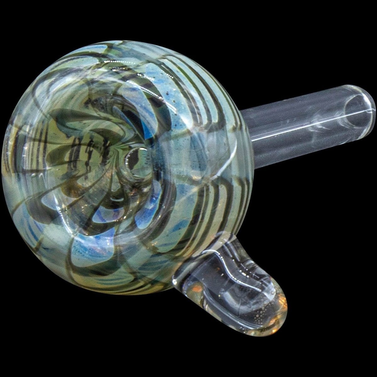 A close-up view of the Color Raked Bubble Pull-Stem 9mm Slide Bowl, showcasing its swirled glass design and stem joint.