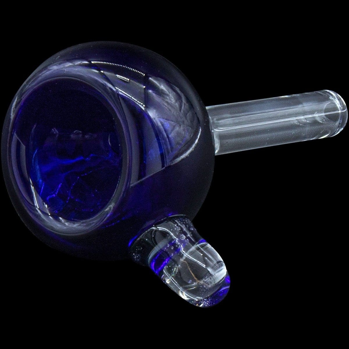A close-up, angled view of the Bubble Bowl 9mm Pull-Stem Slide, showcasing its clear glass construction.