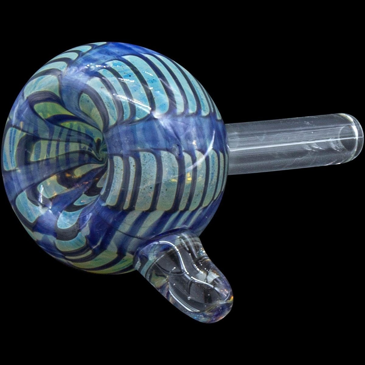 A close-up, angled view of the Color Raked Bubble Pull-Stem 9mm Slide Bowl, showcasing its swirling, colorful glass design.