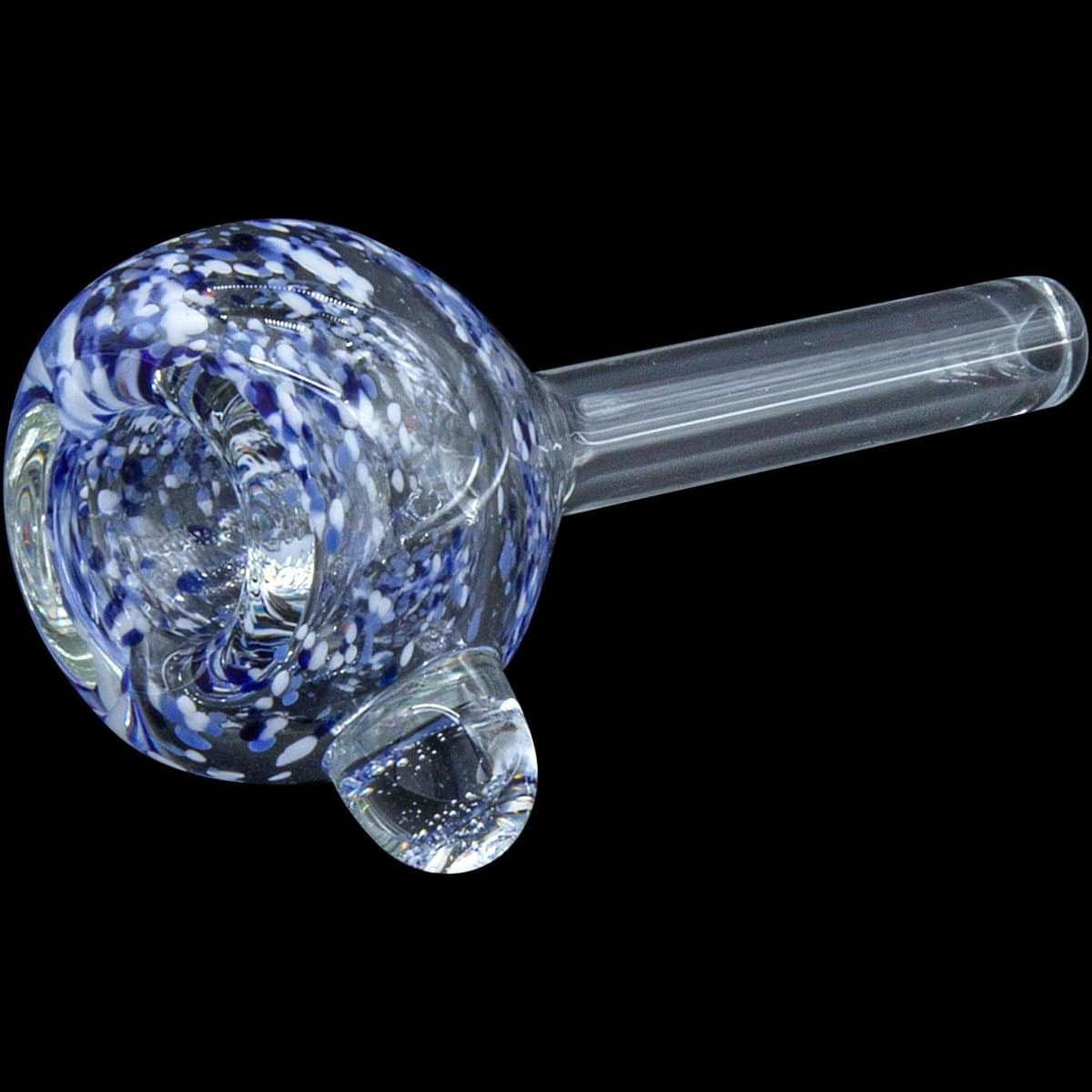A detailed side view of the Frit Bubble Bowl 9mm Pull-Stem Slide, featuring colorful frit patterns within clear glass.