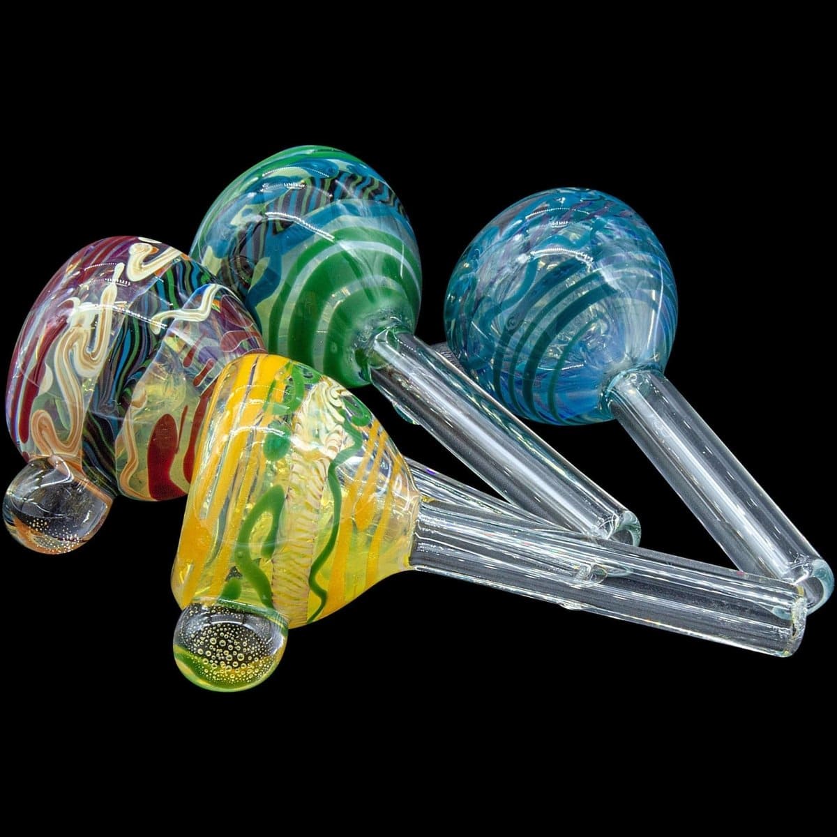 A close-up, angled view of the Painted Warrior Pull-Stem Slide Bowl, featuring vibrant swirls of blue and green glass.