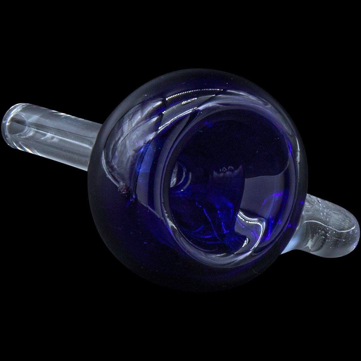 A close-up view of the Bubble Bowl 9mm Pull-Stem Slide, showcasing its blue glass and curved stem design.