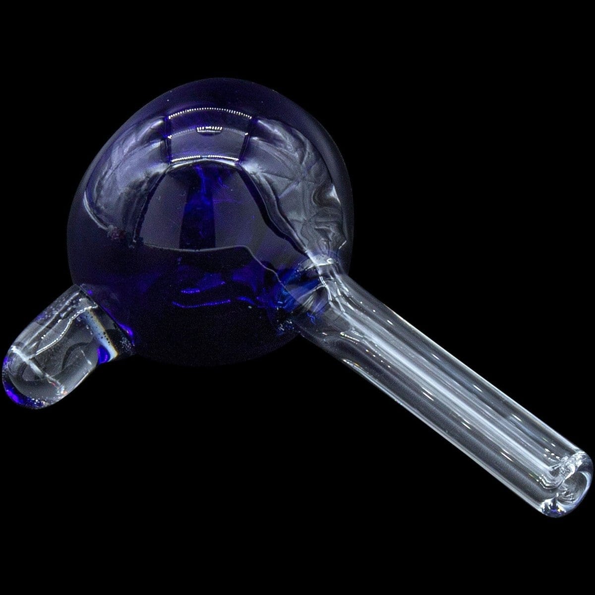 A close-up view of the Bubble Bowl 9mm Pull-Stem Slide, showing the clear glass pull-stem against a dark background.