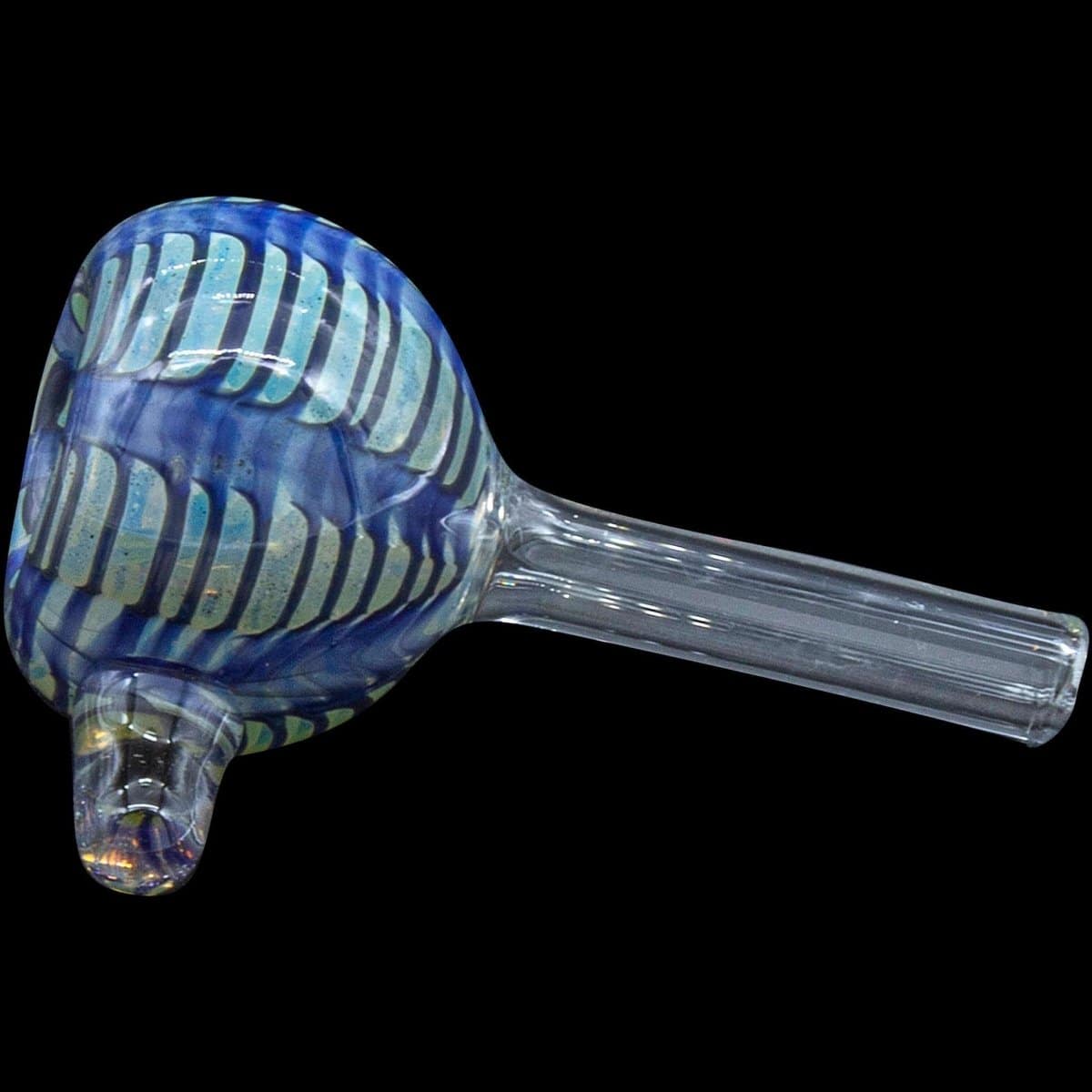 A studio shot of the Color Raked Bubble Pull-Stem 9mm Slide Bowl, showcasing its colorful, raked glass design.