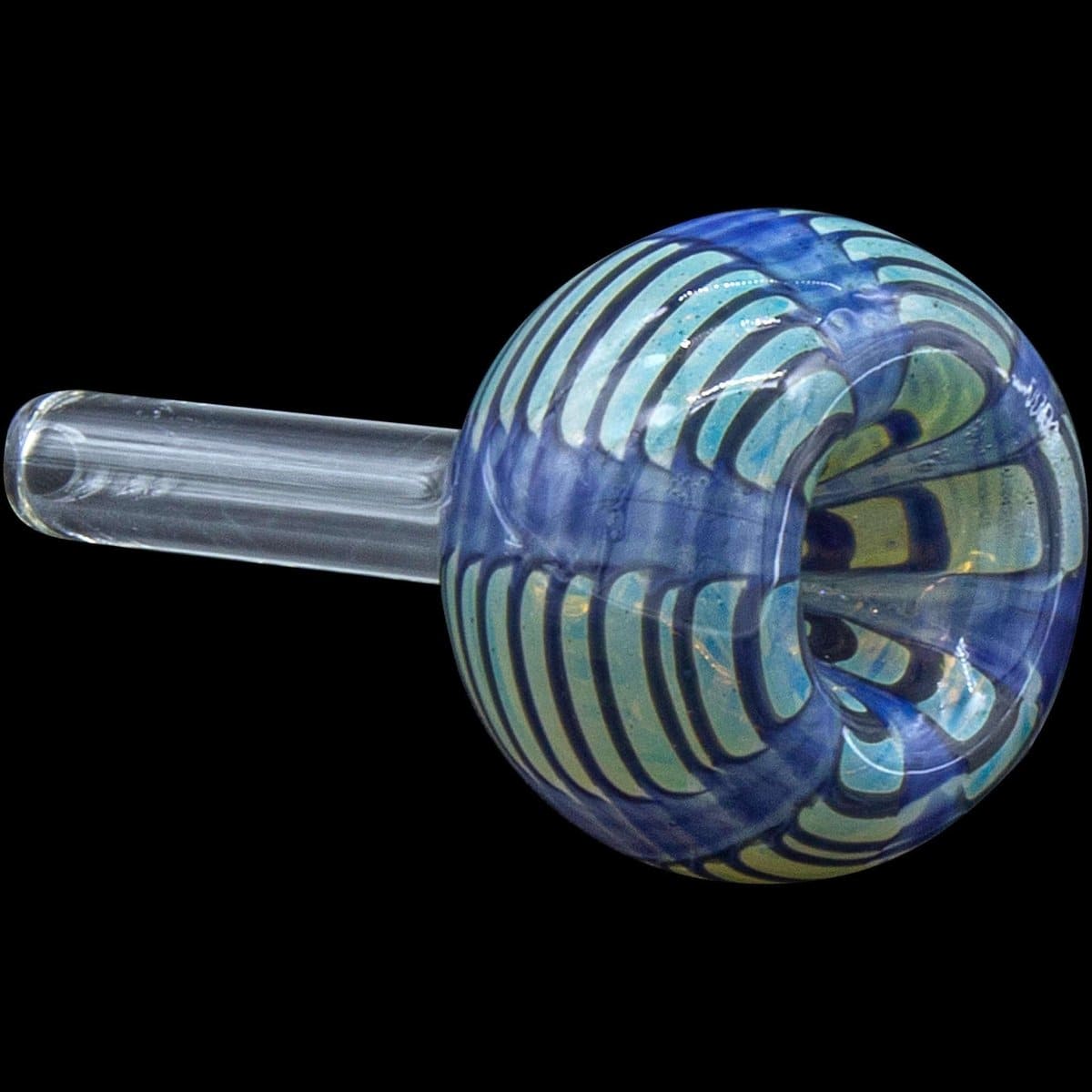 A close-up, angled view of the Color Raked Bubble Pull-Stem 9mm Slide Bowl, showcasing its vibrant, swirled glass design.