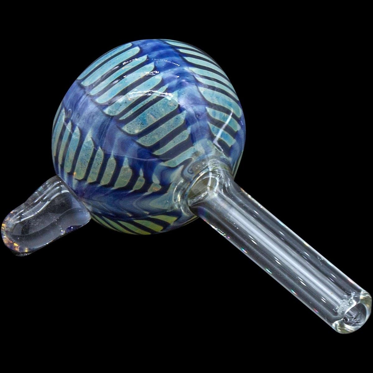 A close-up view of the Color Raked Bubble Pull-Stem 9mm Slide Bowl, showcasing its swirling blue and green glass design.