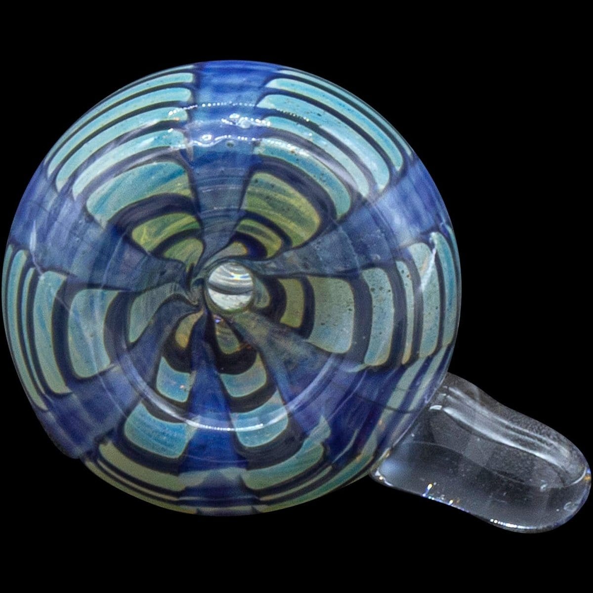 A detailed close-up of the Color Raked Bubble Pull-Stem 9mm Slide Bowl shows vibrant, raked blue glass swirled into a rounded shape.