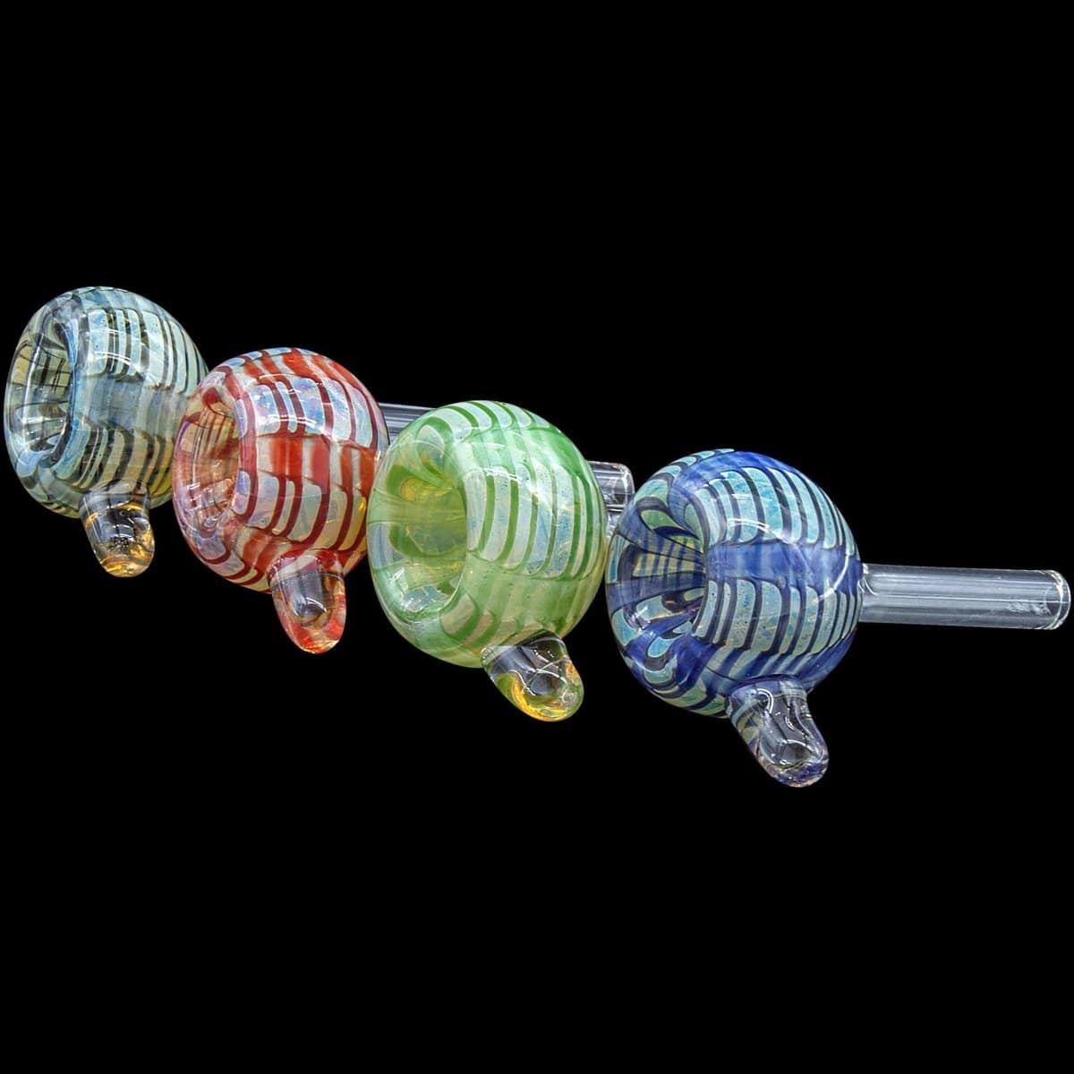 A close-up, angled view of the Color Raked Bubble Pull-Stem 9mm Slide Bowl, showing its colorful, raked glass design.
