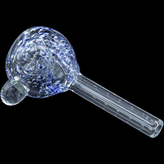 A close-up, angled view of the Frit Bubble Bowl 9mm Pull-Stem Slide, displaying a colorful, speckled glass design.