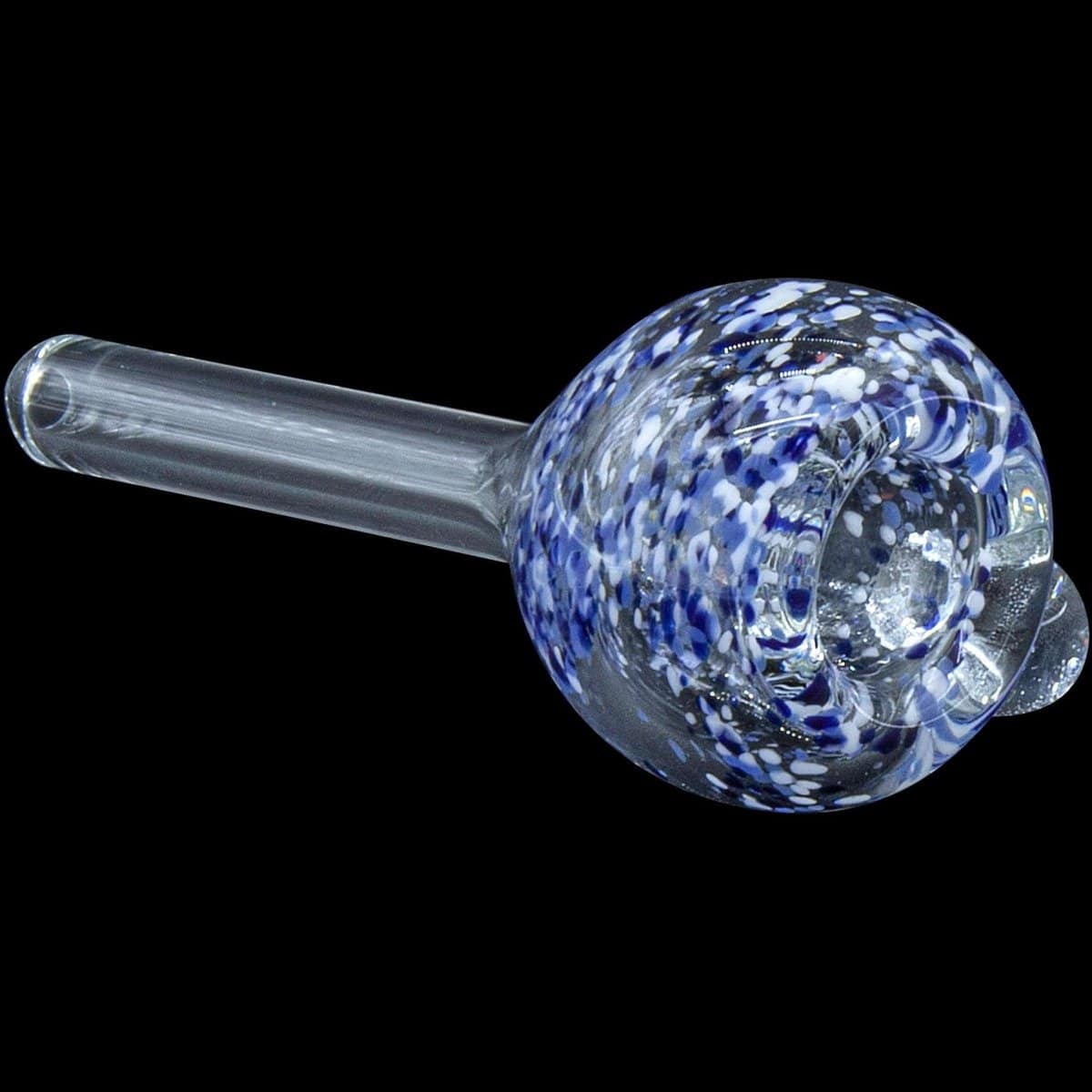 A detailed studio shot of the Frit Bubble Bowl 9mm Pull-Stem Slide, displaying colorful frit patterns within the clear glass bowl.