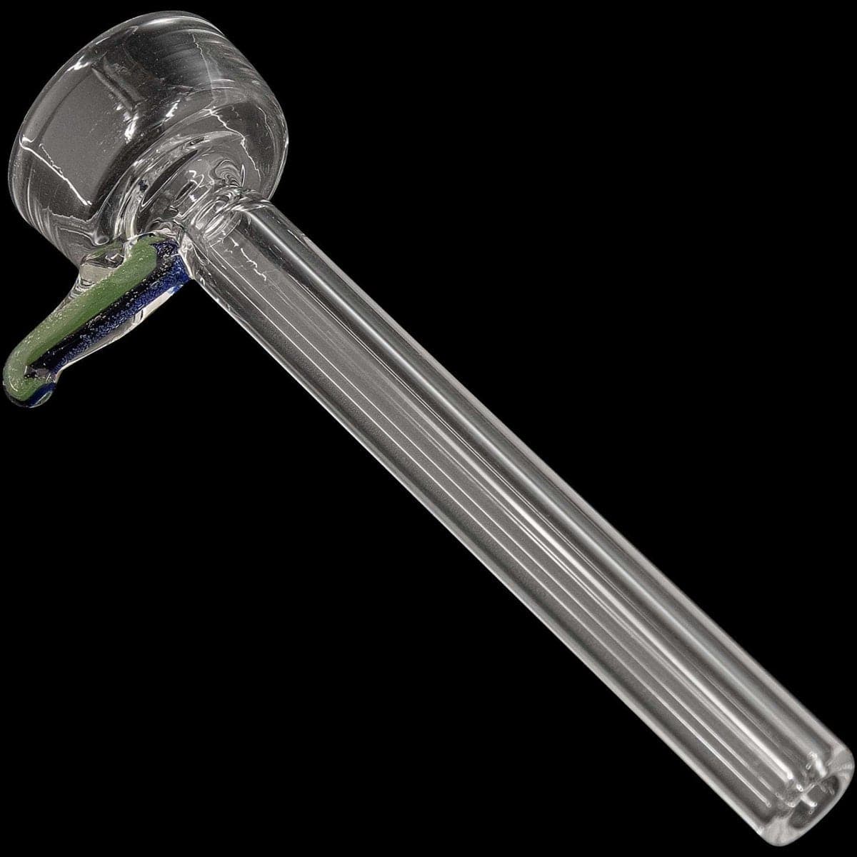 A close-up, angled view of the 9mm Clear Slide Bowl w/ Color Handle for Pull-Stem Bongs, showcasing its clear glass construction and colorful handle.