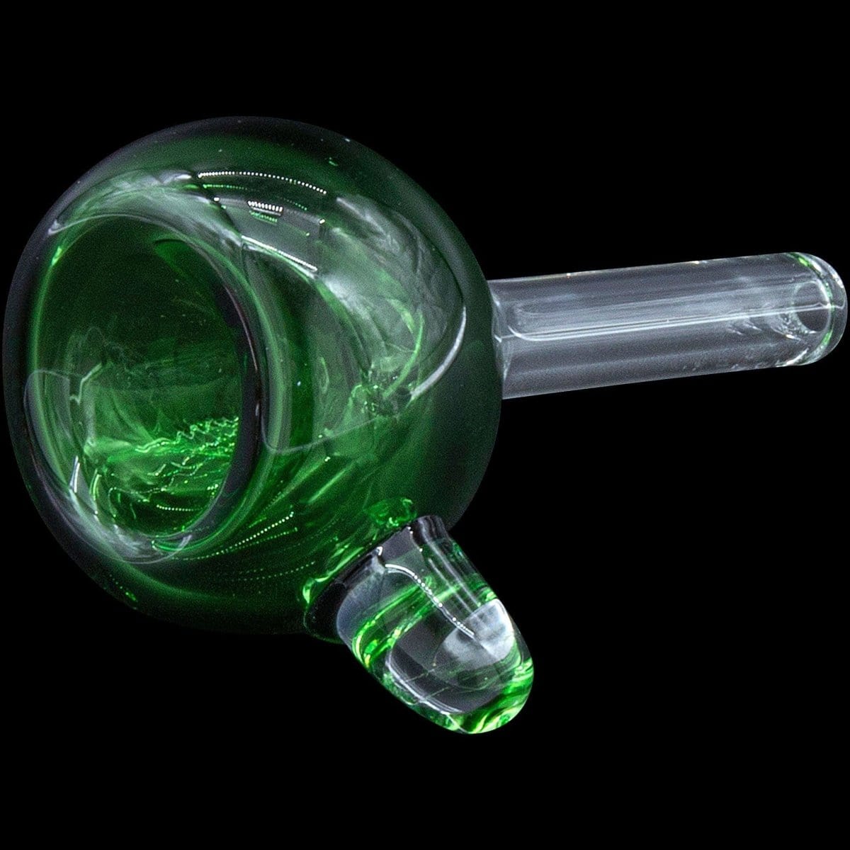 Front view of the Bubble Bowl 9mm Pull-Stem Slide, showing a green glass pull-stem with swirling patterns.